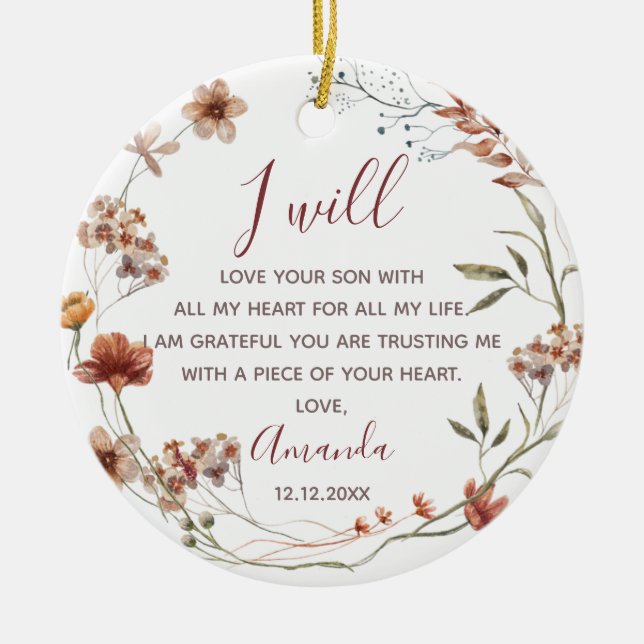 Personalised Mother of the Groom Boho Wildflowers Ceramic Ornament (Front)