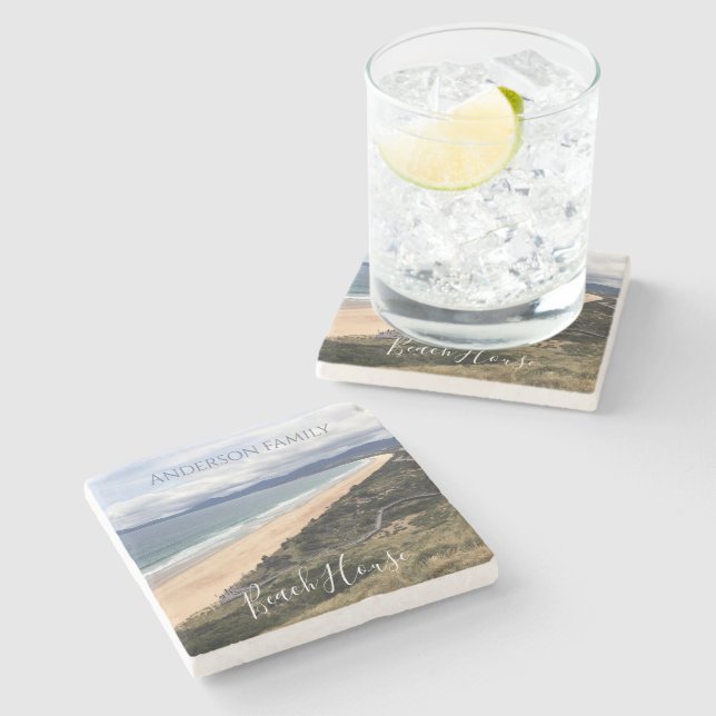 Personalised mountain views beach house stone coaster (Side)