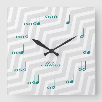 Personalised Music Notes - Teal Blue And Grey Square Wall Clock by eatlovepray at Zazzle