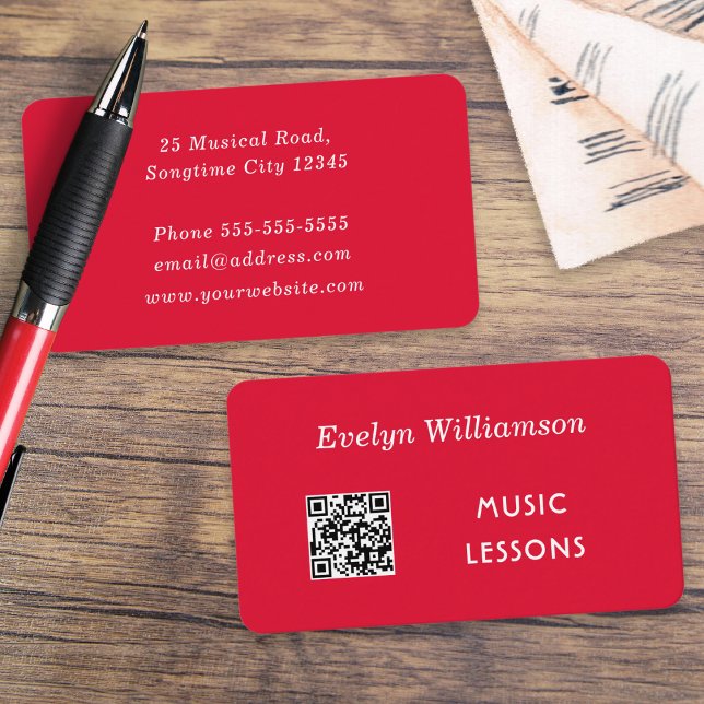 Personalised Music Teacher Minimalist Red White Business Card (A stylish red business card with QR code, for a music teacher, to personalize with your details)