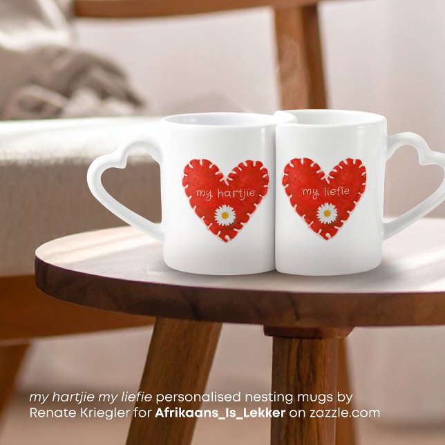Personalised My Hartjie My Liefie His and Hers Coffee Mug Set ("my hartjie my liefie" Afrikaans personalised nesting mugs for couples with applique love heart)