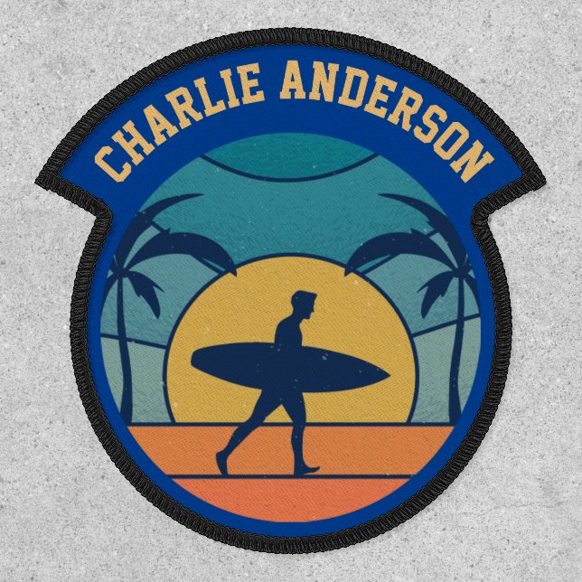 Personalised Name Badge SURFER Sunset Surfing (Front)