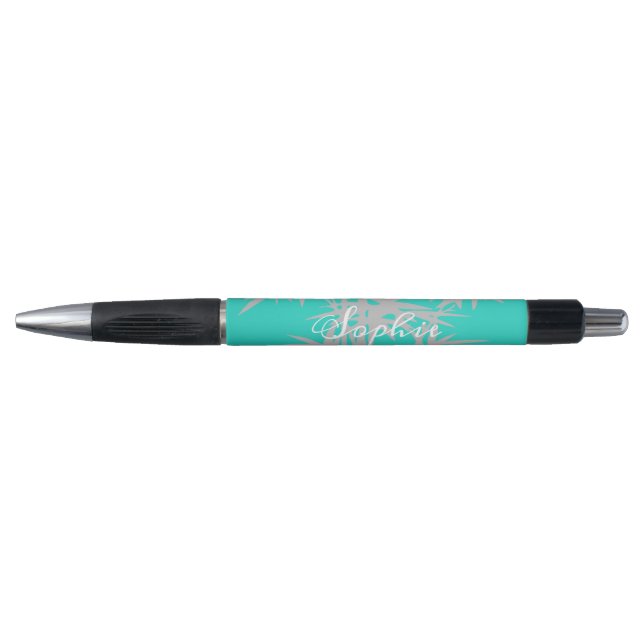 Personalised name grey and teal bamboo pen (Front)