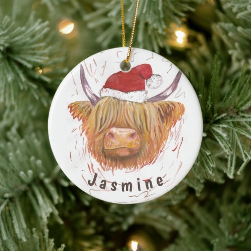 Personalised Name Highland Cow with Christmas Hat Ceramic Ornament