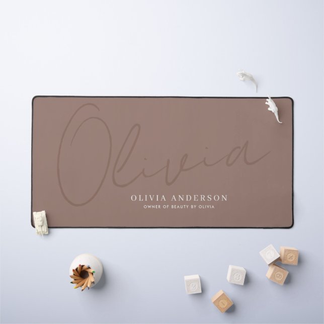 Personalised Name Minimalist Mocha Brown Script Desk Mat (Kids Table)