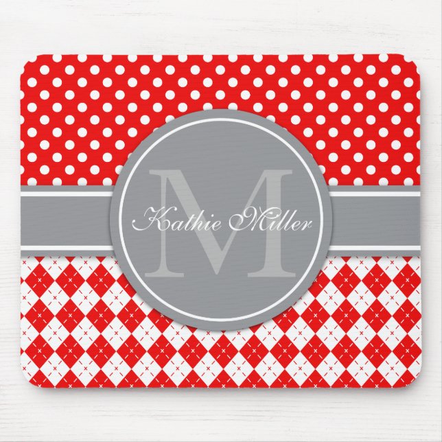 Personalised Name & Monogram Argyle Polkadot Mouse Pad (Front)