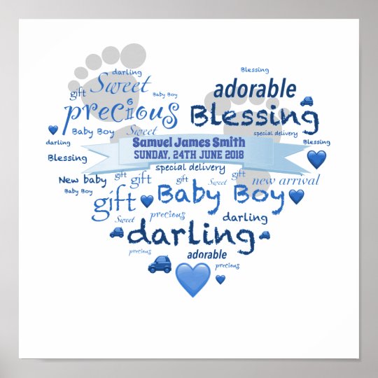 personalised name new baby boy word art poster boy word