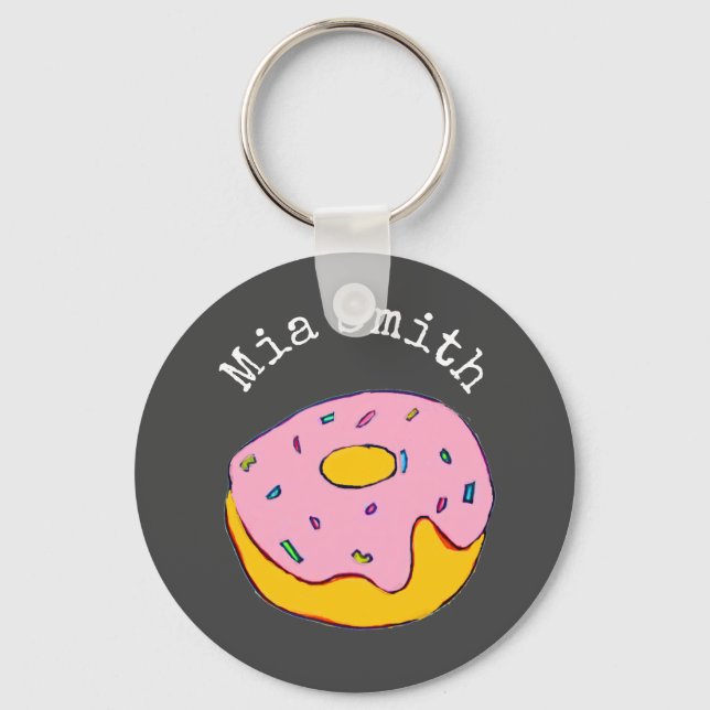 Personalised name pink donut cute on gray keychain (Front)