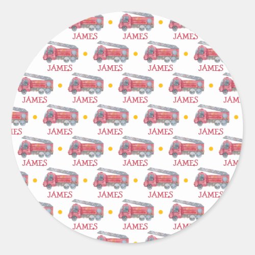 Personalised Name Red Fire truck Party Classic Round Sticker