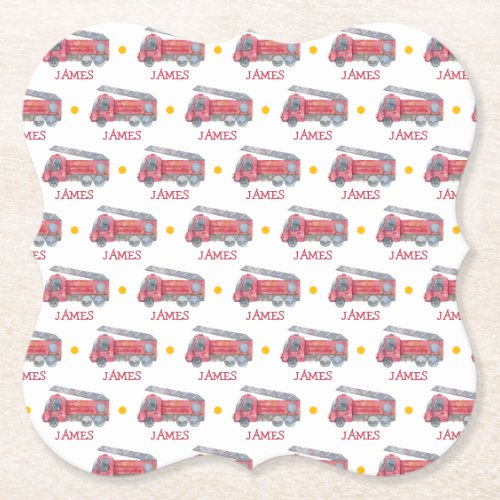 Personalised Name Red Fire truck Party Paper Coaster