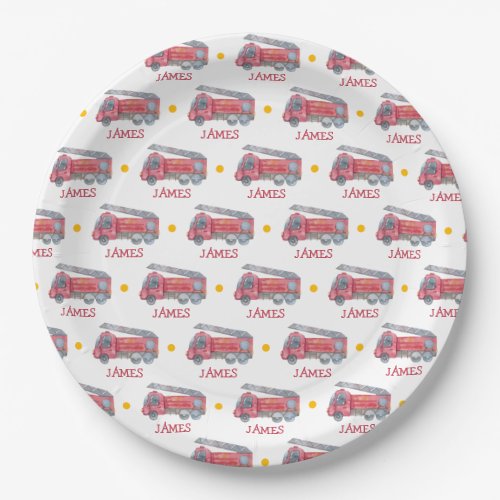 Personalised Name Red Fire truck Party Paper Plates