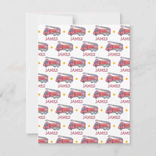 Personalised Name Red Fire truck Party RSVP Card