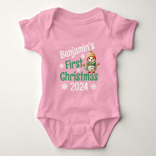 Personalised Name Snowman Baby's 1st Christmas Red Baby Bodysuit (Front)