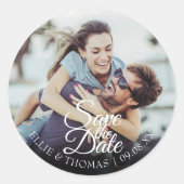 Personalised Names Photo Script Save the Date Classic Round Sticker (Front)