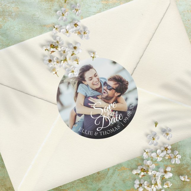 Personalised Names Photo Script Save the Date Classic Round Sticker