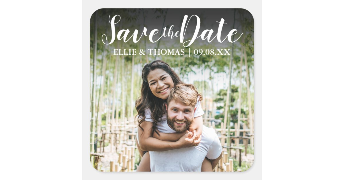 Save Name Personalised Names Photo Script Save the Date Square Sticker | Zazzle