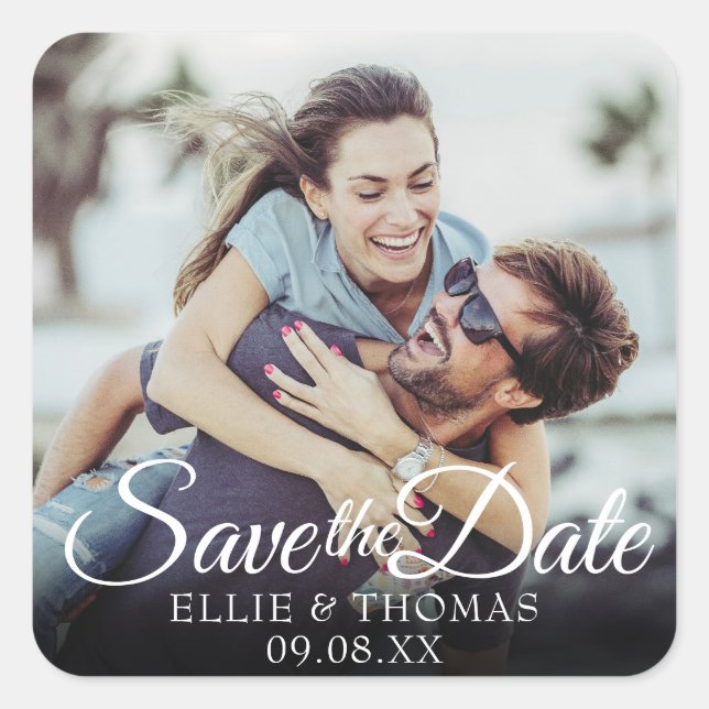 Personalised Names Photo Script Save the Date Square Sticker (Front)