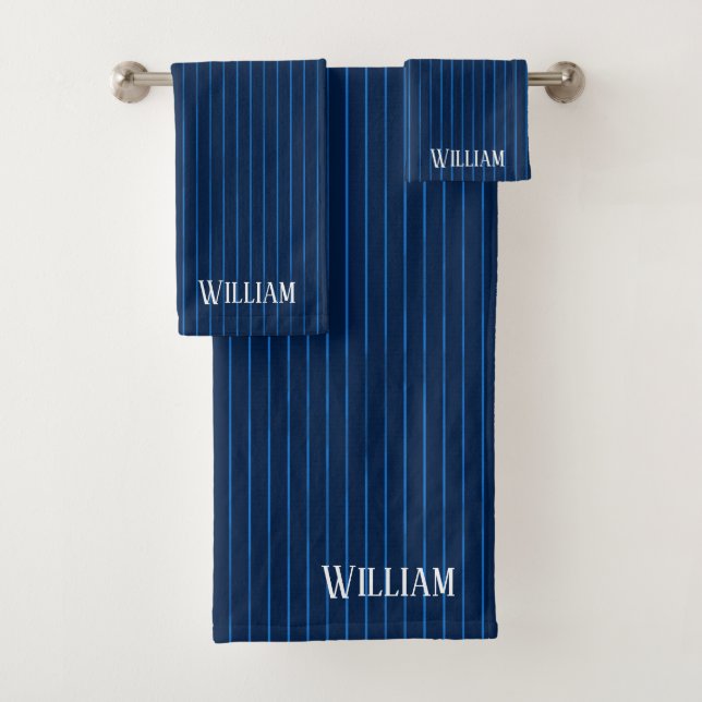 Personalised navy blue pinstripes bath towel set (Insitu)