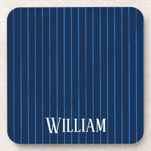 Personalised navy blue pinstripes beverage coaster