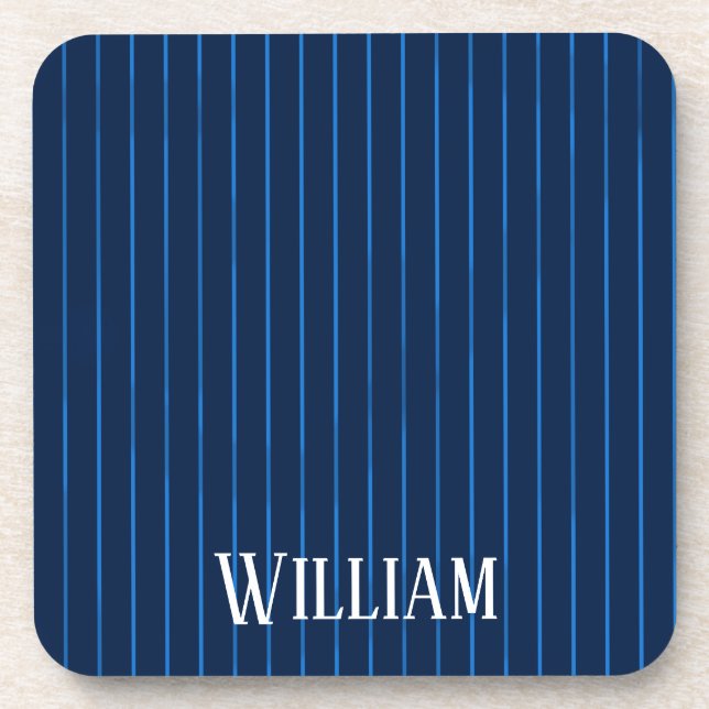 Personalised navy blue pinstripes beverage coaster (Front)