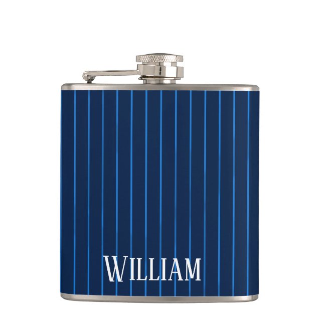 Personalised navy blue pinstripes flask (Front)