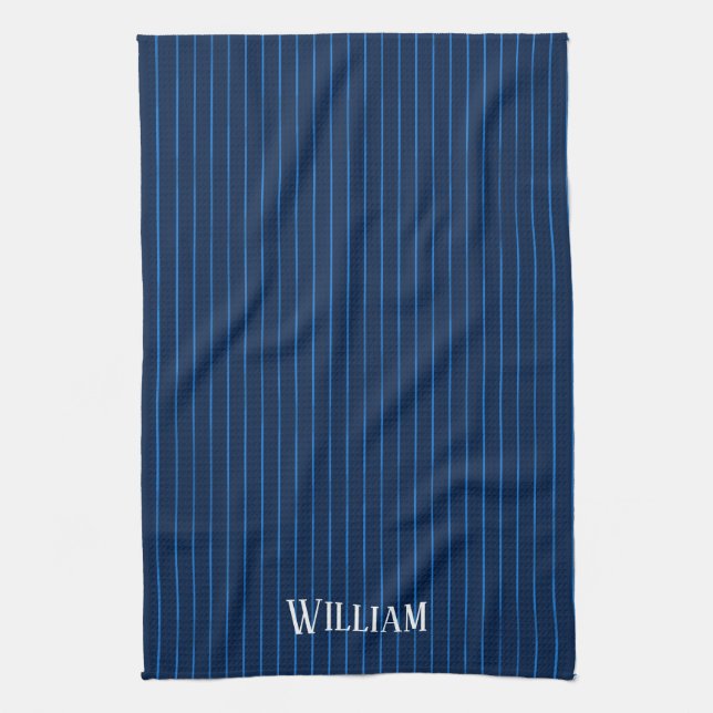Personalised navy blue pinstripes kitchen towel (Vertical)