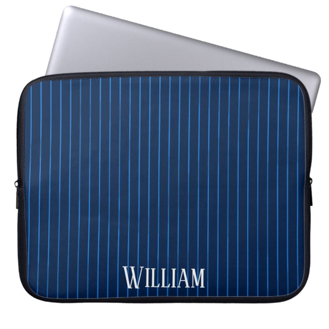 Personalised navy blue pinstripes laptop sleeve (Front)