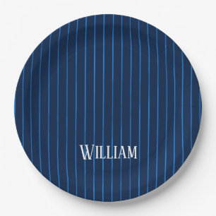 Personalised navy blue pinstripes paper plates