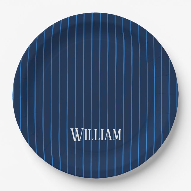 Personalised navy blue pinstripes paper plates (Front)