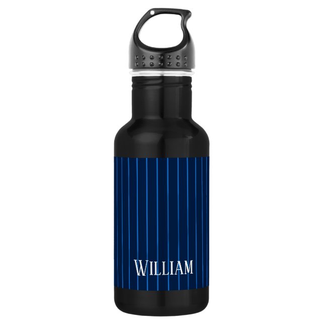 Personalised navy blue pinstripes stainless steel water bottle (Front)