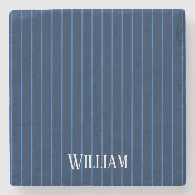Personalised navy blue pinstripes stone coaster (Front)