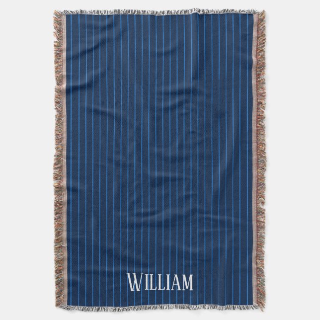 Personalised navy blue pinstripes throw blanket (Front Vertical)
