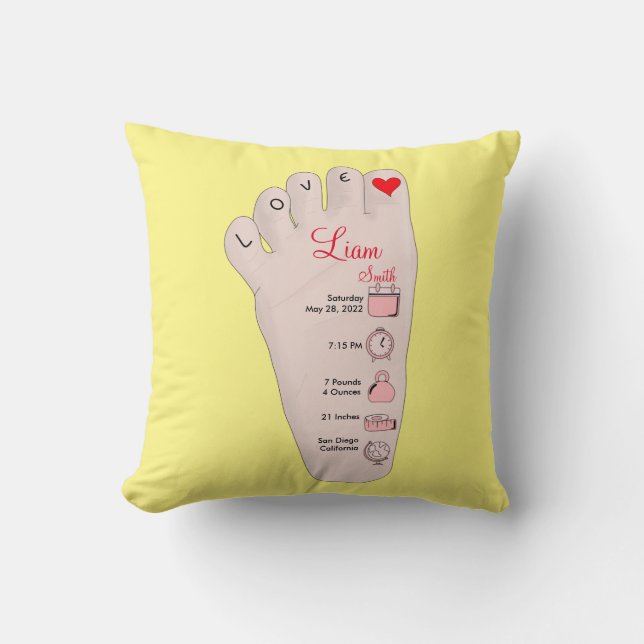 Personalised New Baby Gift Birth Stats Details Throw Pillow (Front)