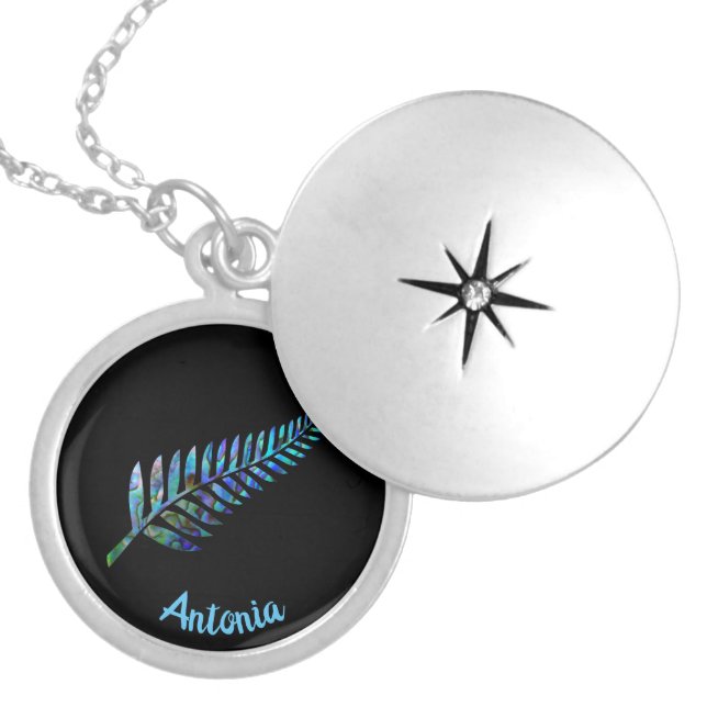 PERSONALISED NEW ZEALAND FERN PAUA SILVER PLATED N LOCKET NECKLACE (Front)