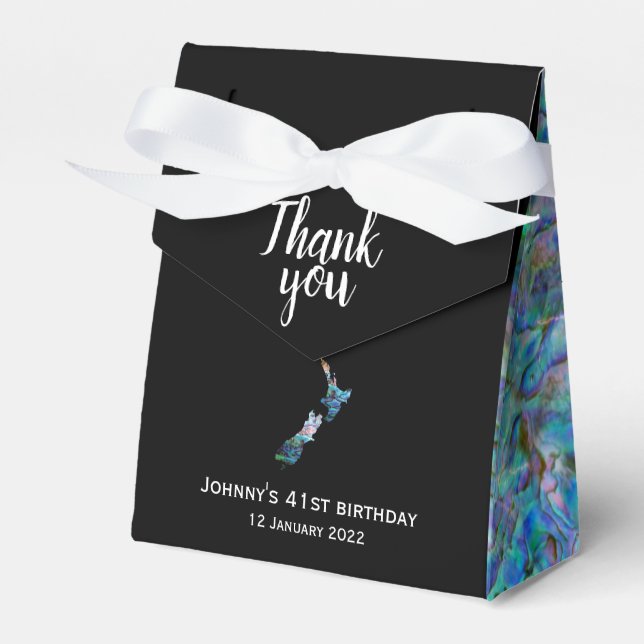 PERSONALISED NEW ZEALAND MAP PAUA FAVOR BOXES (Front Side)