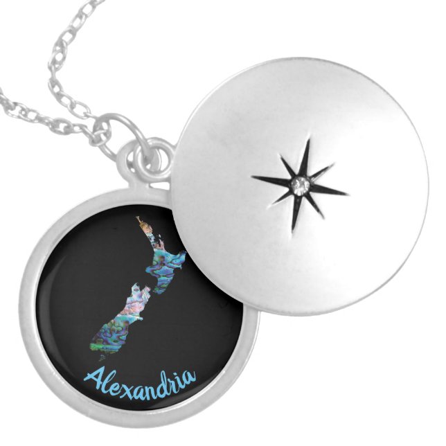 PERSONALISED NEW ZEALAND MAP PAUA SILVER PLATED NE LOCKET NECKLACE (Front)