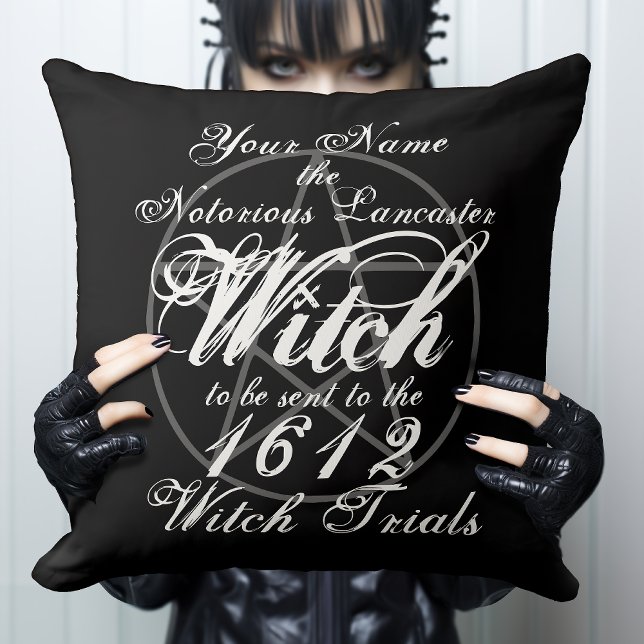 Personalised Occult Witch Trials Black Gothic Throw Pillow (Add your Name and Date to reincarnate. Make yourself into a Notorious Witch  Gothic Throw Pillow.)