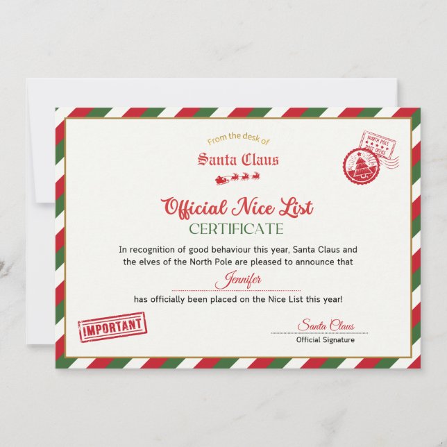 Personalised Official Nice List Certificate Santa Invitation (Front)