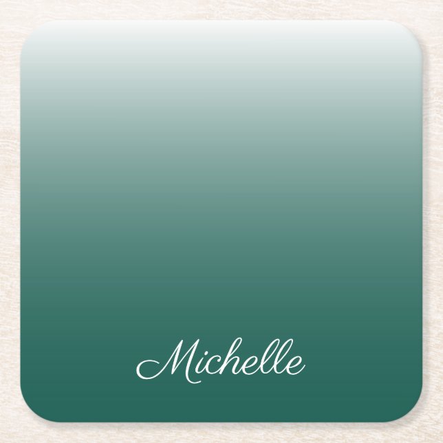 Personalised ombre gradient green square paper coaster (Front)
