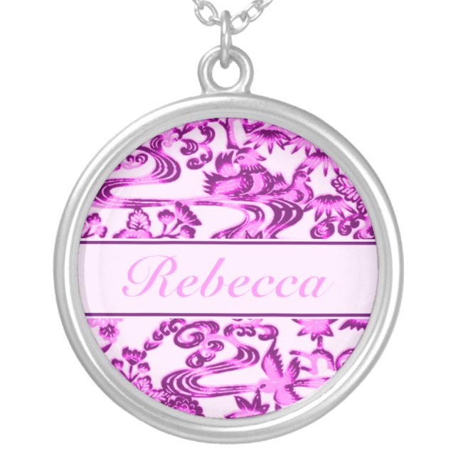 Personalised oriental Bird and leaves pattern Silver Plated Necklace (Front)
