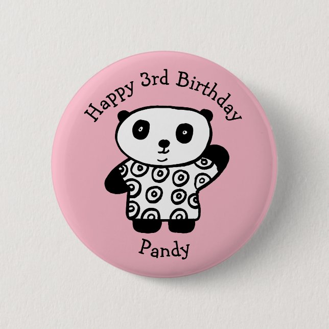 Personalised Pandy the Panda Happy Birthday Pinback Button (Front)