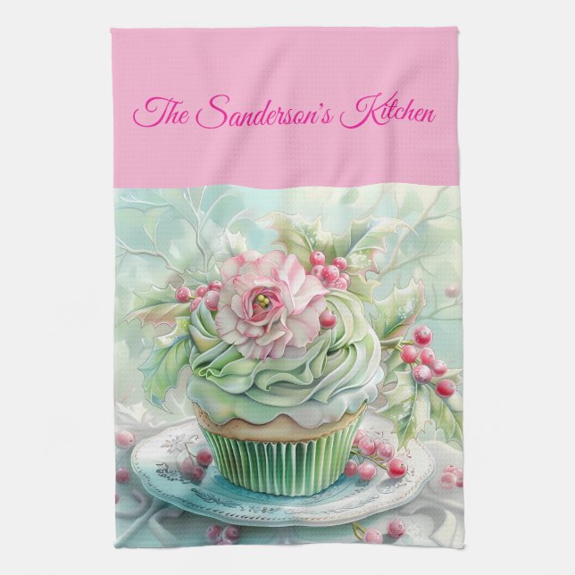 Personalised Pastel Pink & Green Christmas Kitchen Kitchen Towel (Vertical)