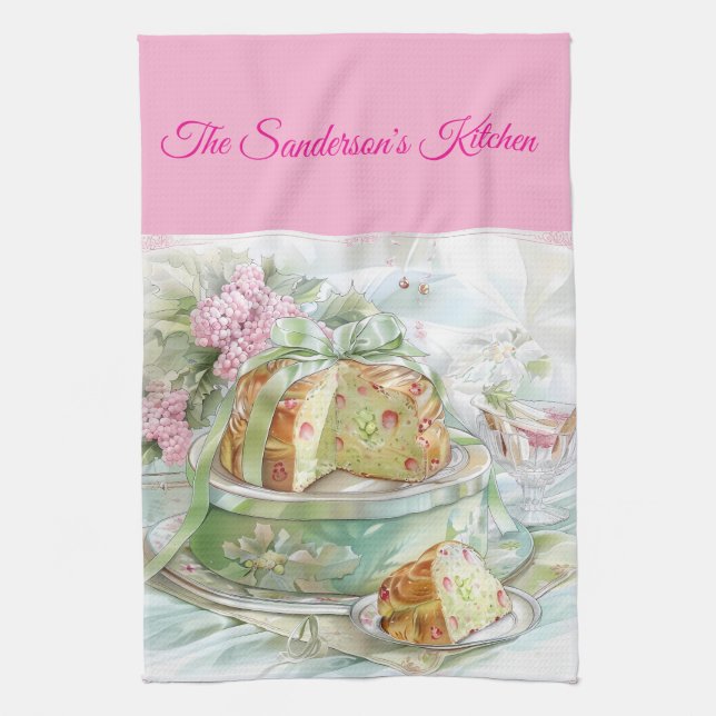 Personalised Pastel Pink & Green Christmas Kitchen Towel (Vertical)