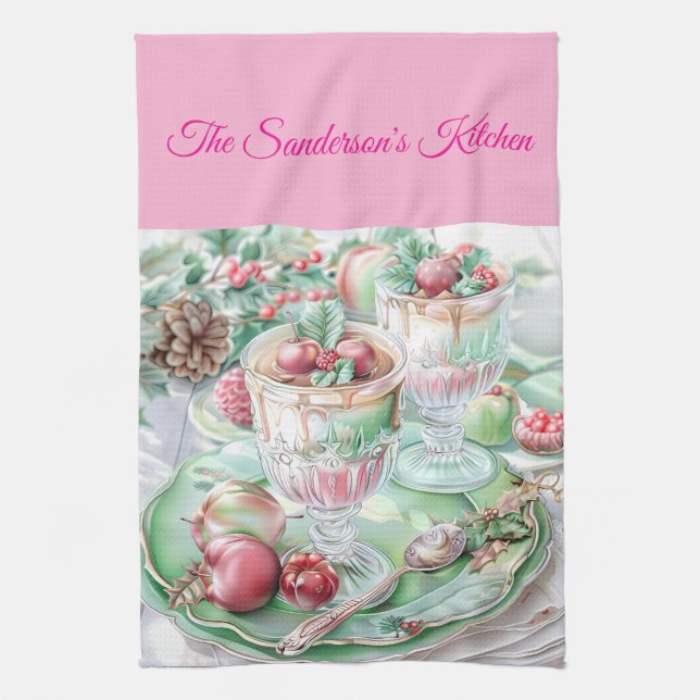 Personalised Pastel Pink & Green Christmas Kitchen Towel (Vertical)