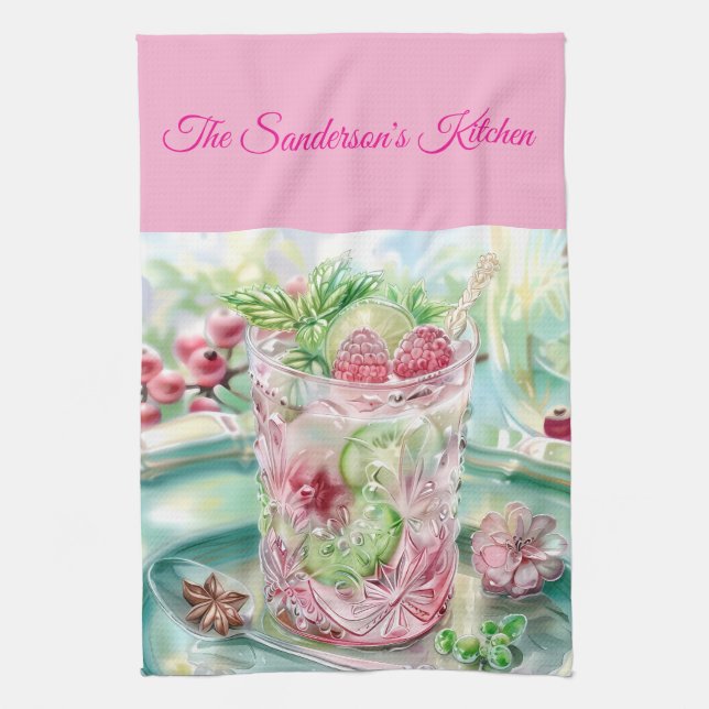 Personalised Pastel Pink & Green Christmas Kitchen Towel (Vertical)