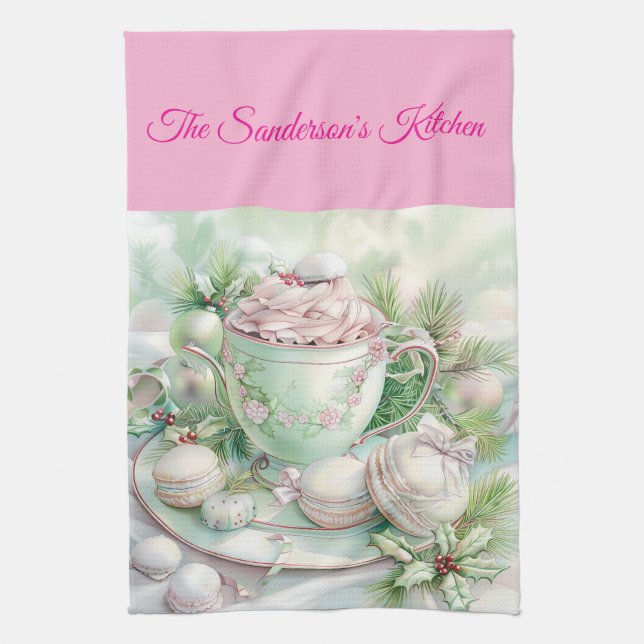 Personalised Pastel Pink & Green Christmas Kitchen Towel (Vertical)
