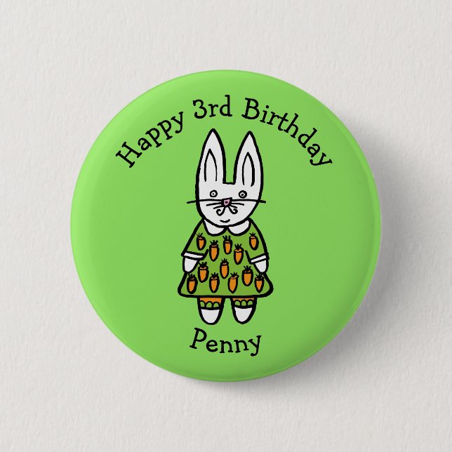 Personalised Penny the Rabbit Happy Birthday Pinback Button (Front)