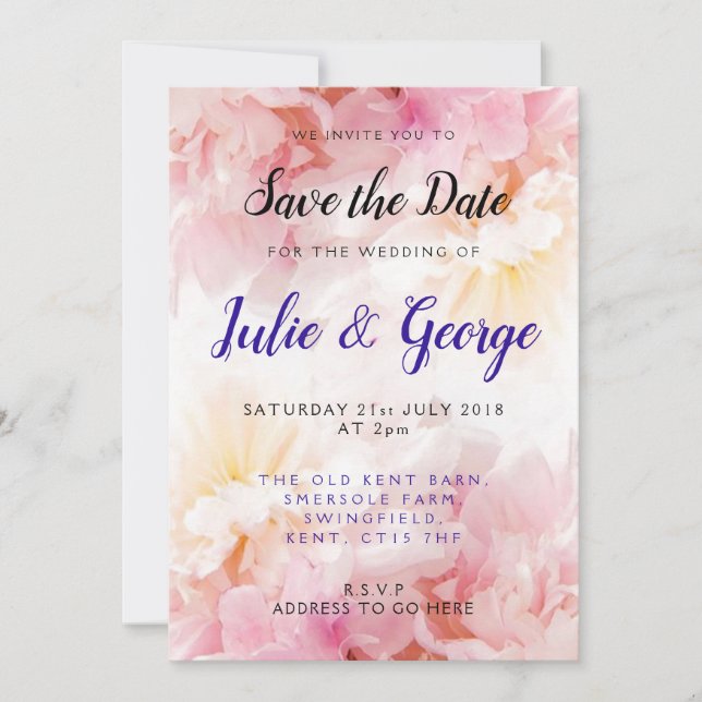 Personalised Peony Wedding Save the Date Invitation (Front)