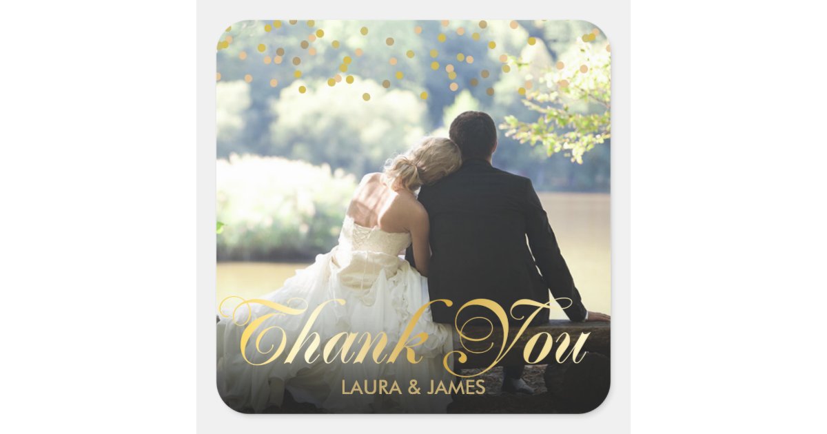 Personalised Photo Gold Confetti Script Thank You Square Sticker | Zazzle