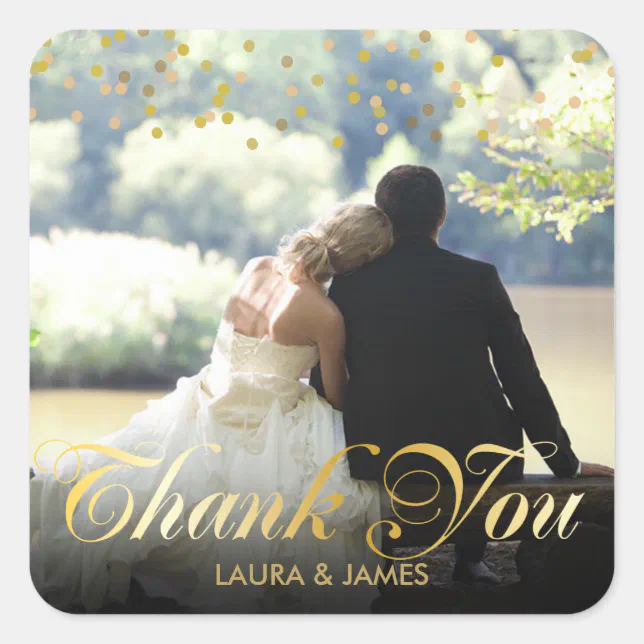 Personalised Photo Gold Confetti Script Thank You Square Sticker | Zazzle